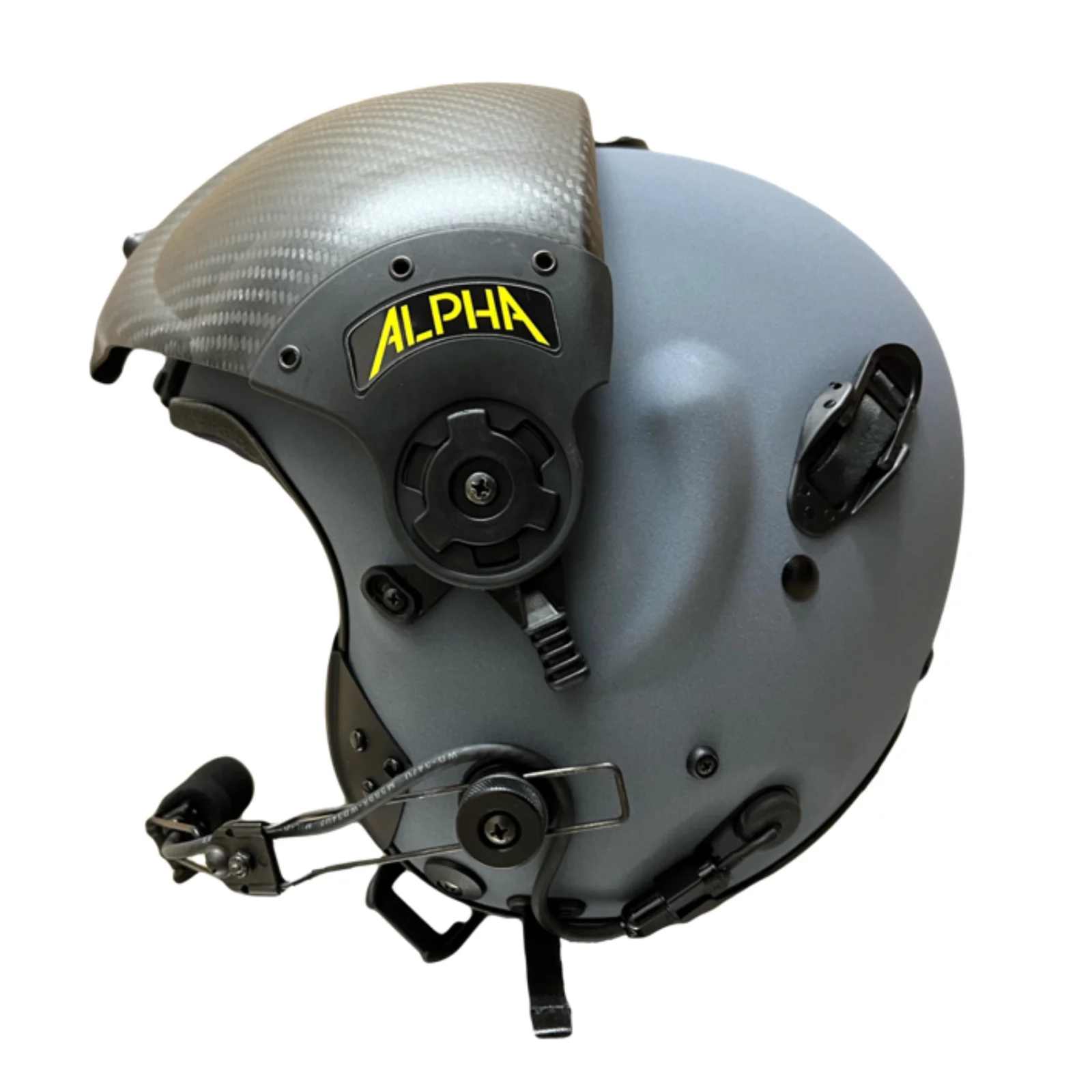Gentex ALPHA Eagle Flughelm in Suede Blue-Grey, Seitenansicht mit Ohrmuschel-Verstellung, Visiermechanik und Bügelmikrofon