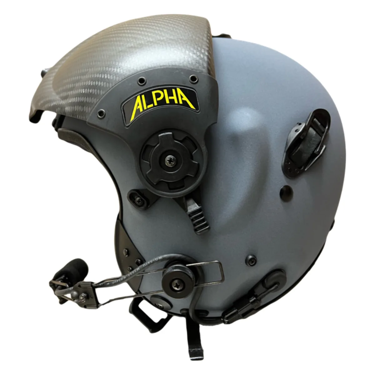 Gentex ALPHA Eagle in Suede Blue-Grey, Seitenansicht mit hochgeklapptem Visier