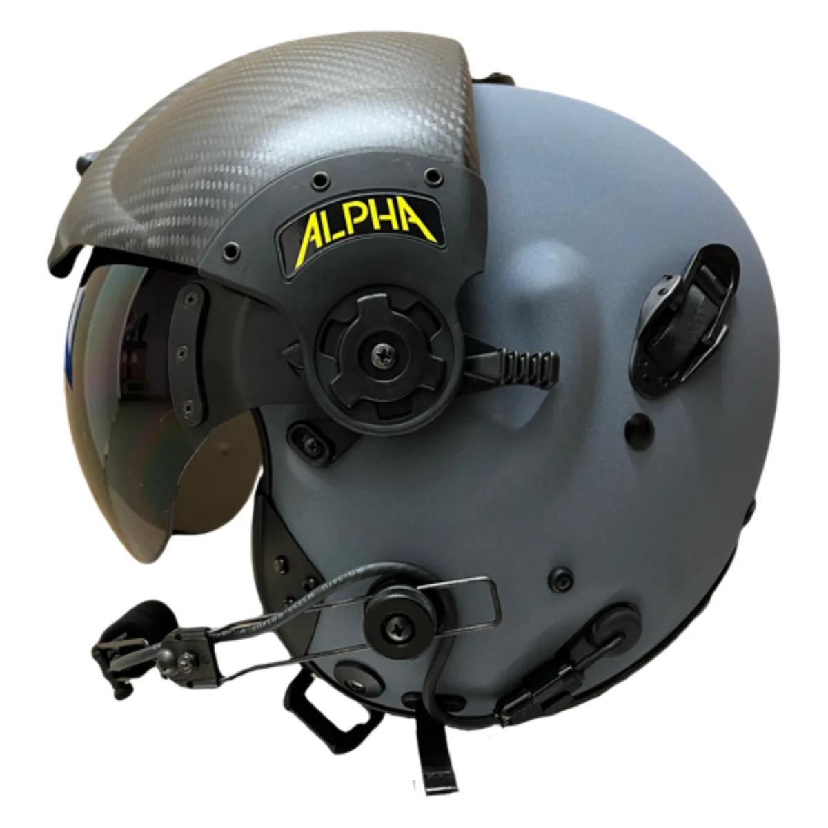Gentex ALPHA Eagle in Suede Blue-Grey mit heruntergeklapptem getöntem Visier