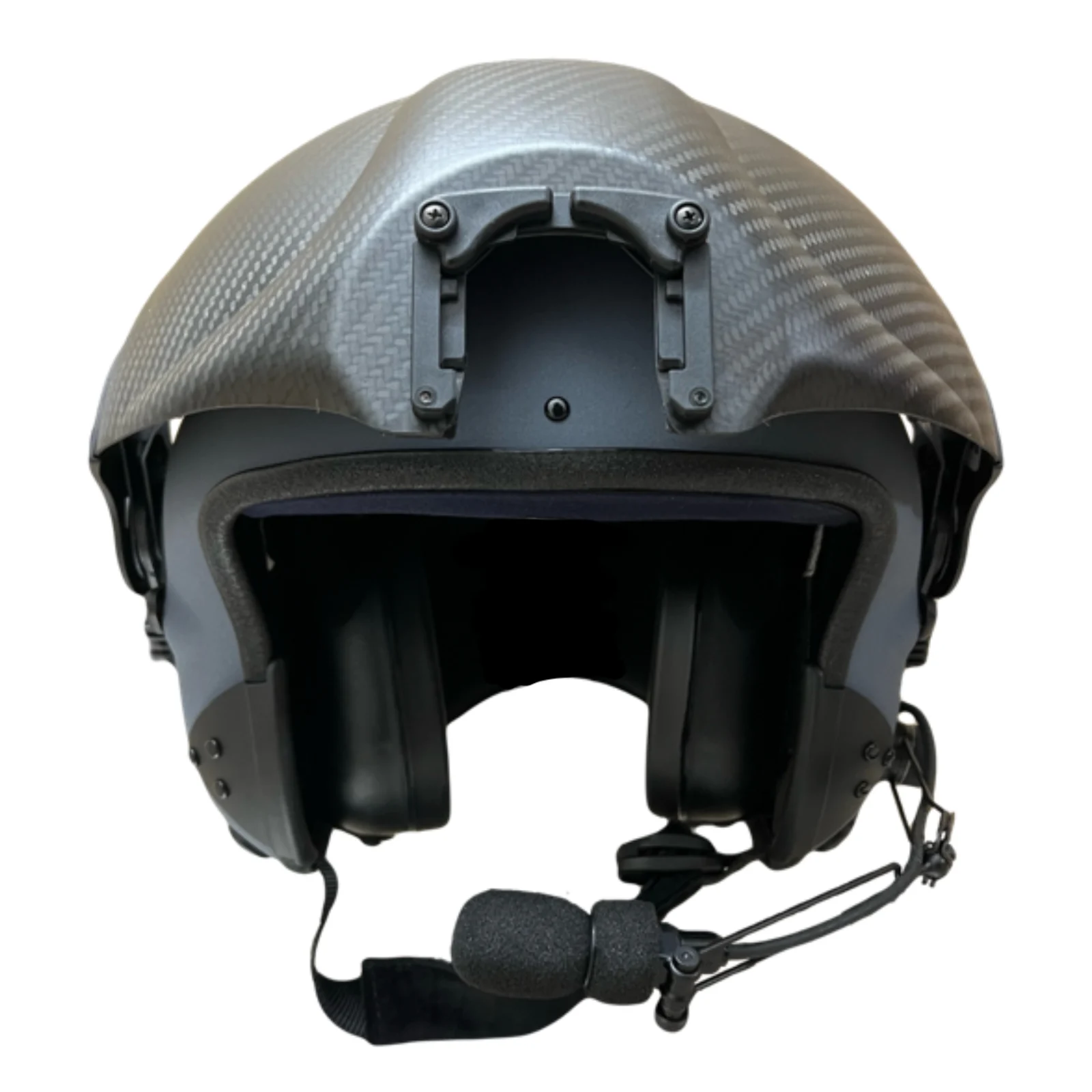 Gentex ALPHA Eagle Hubschrauberhelm in Suede Blue-Grey von vorn mit Carbon-Visierabdeckung, NVG-Aufnahme und Bügelmikrofon
