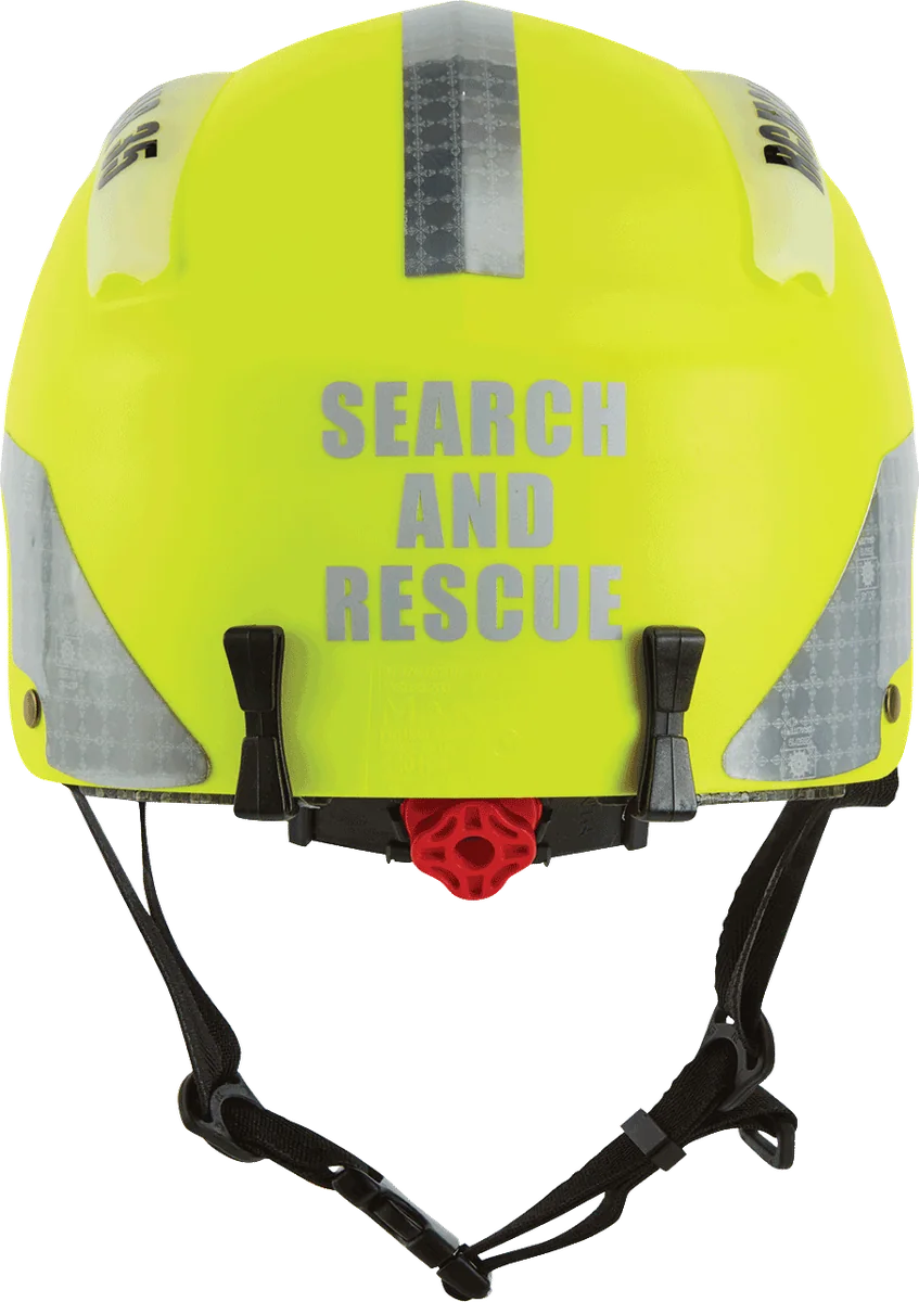 Manta 3 MH3 Rettungshelm in Gelb, Rückansicht mit Reflexstreifen und Aufschrift Search and Rescue