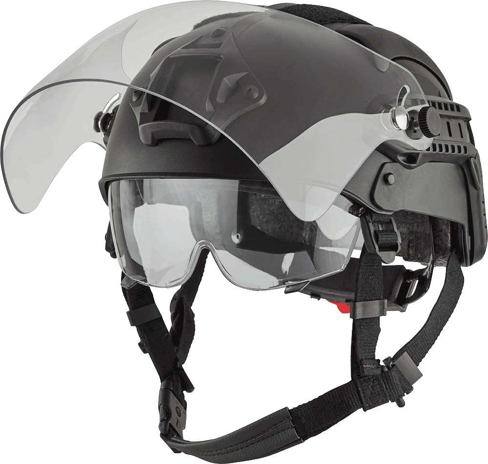 MH4 Typhoon taktischer Helm schwarz von Future Safety mit hochgeklapptem Vollvisier, Schrägansicht von rechts